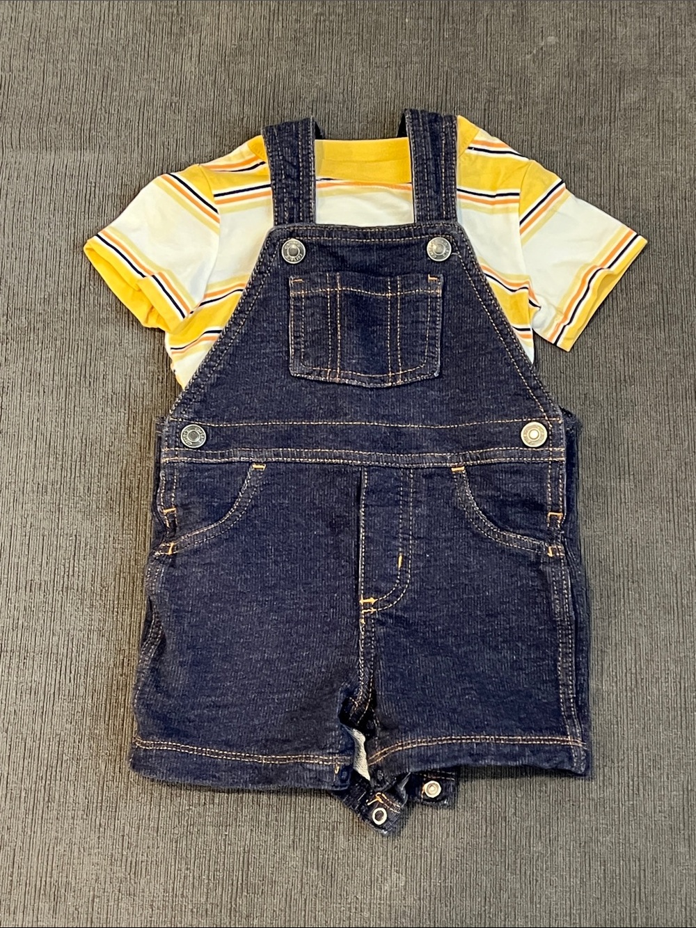 Carters 12M Boy Denim Short Overalls with Yellow Stripe Tee